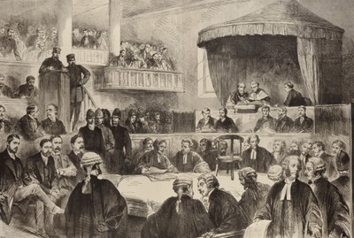 Le persecuzioni di stato in Irlanda: la scena nella Green Street Court House, Dublino, da The Illustrated London News, 26 febbraio 1887 da English School